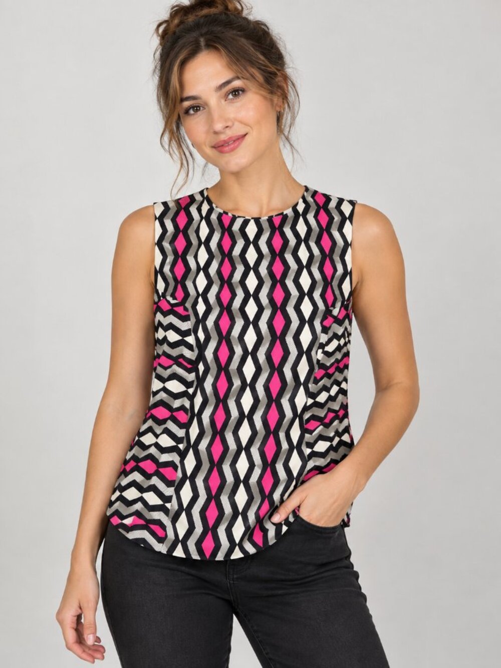 Milly of NY Geometric Sleeveless Top in Pink, Gray, Black, Size 10